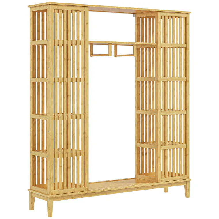 HOMCOM Dulap Deschis din Bambus cu 2 Uși Glisante, Garderobă cu Rafturi și Bară de Haine, 145x35x165 cm, Lemn Natural | Aosom Romania
