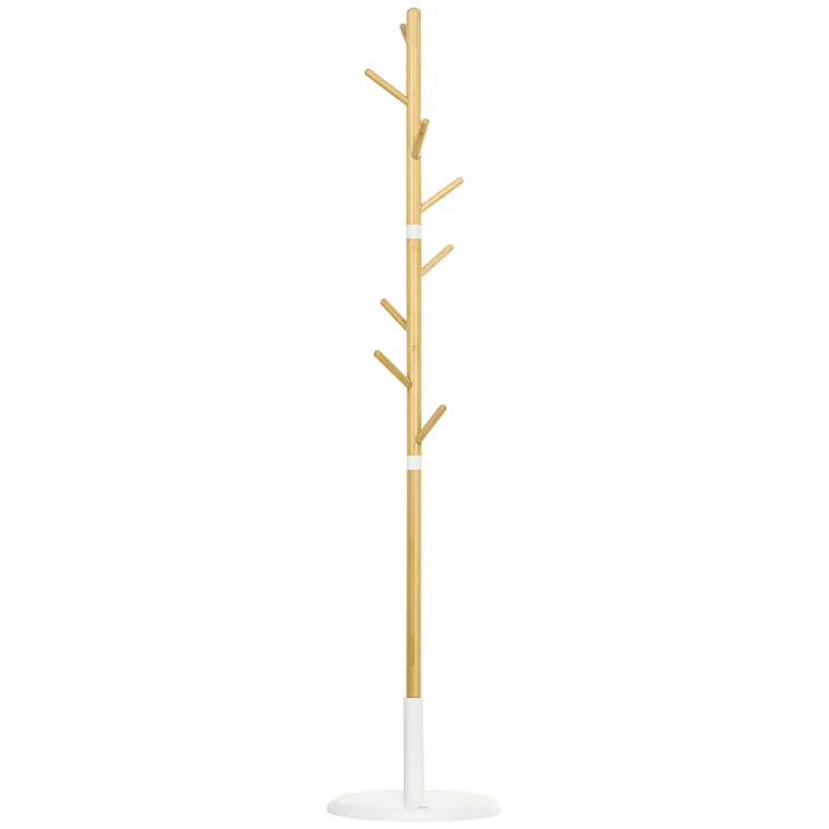 HOMCOM Cuier Vertical cu 8 Cârlige cu Bază Rotundă din Bambus, Lemn și Metal, Ø37,8x175,6 cm, Lemn Natural | Aosom Romania