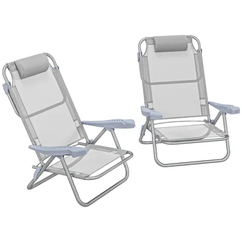 Outsunny Set 2 Scaune de Camping Pliabile cu Tetieră Căptușită și Spătar Reglabil în 6 Poziții, 62x65x80 cm, Gri Deschis | Aosom Romania