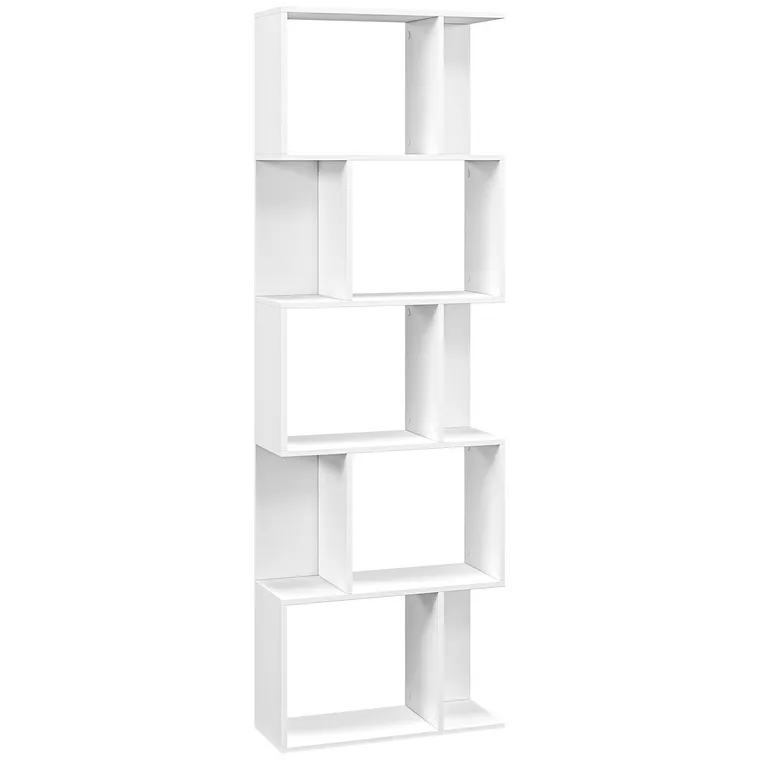 HOMCOM Raft pentru Cărți cu 5 Rafturi Separate, Bibliotecă în Formă de S din Lemn, 60x24x184,5 cm, Alb | Aosom Romania