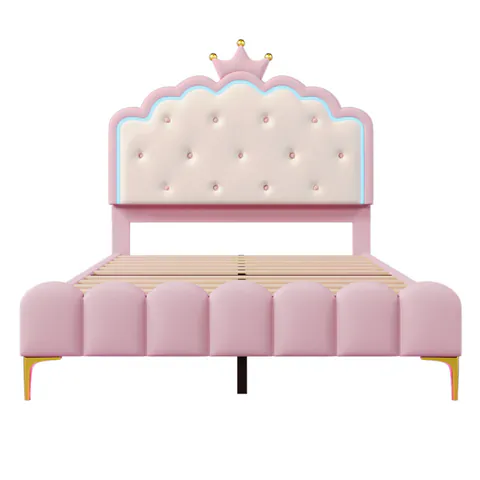 Pat tapițat 140x200 cm cu somieră cu lamele, formă de prințesă moștenitoare, fără saltea, Roz