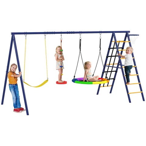AIYAPLAY Set Leagăn de Grădină 6 în 1 pentru Copii 3-8 Ani, 350x183x200 cm, Multicolor | Aosom Romania