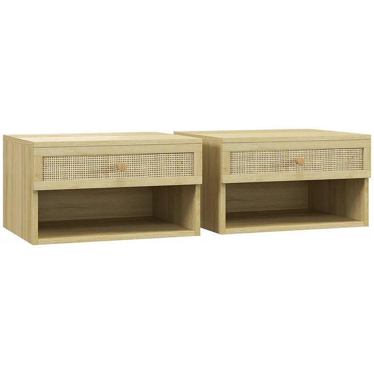 HOMCOM Set de 2 Noptiere Plutitoare, Noptiere cu Sertar din Ratan și Raft Deschis pentru Dormitor, 40x34x23 cm, Lemn Natural | Aosom Romania