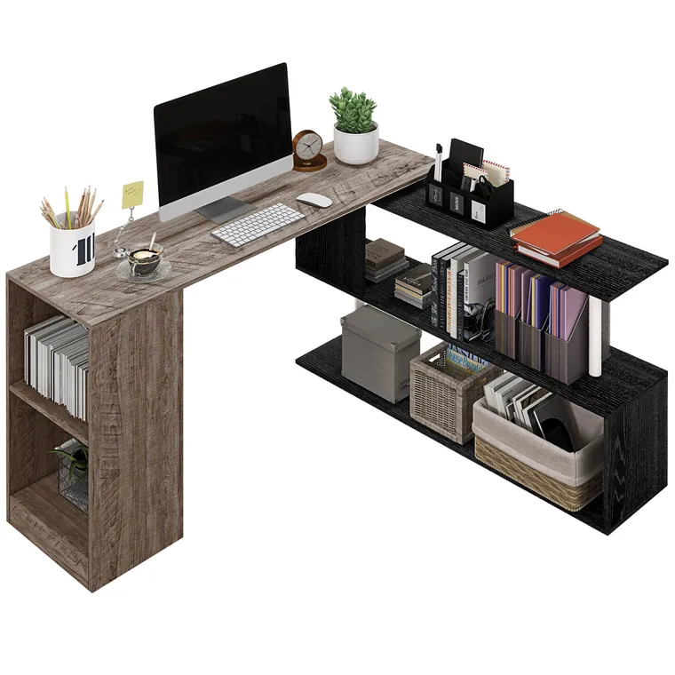 HOMCOM Birou de Colț cu Raft în Formă de S, Birou Modern din Lemn, 140x120x78 cm, Gri | Aosom Romania