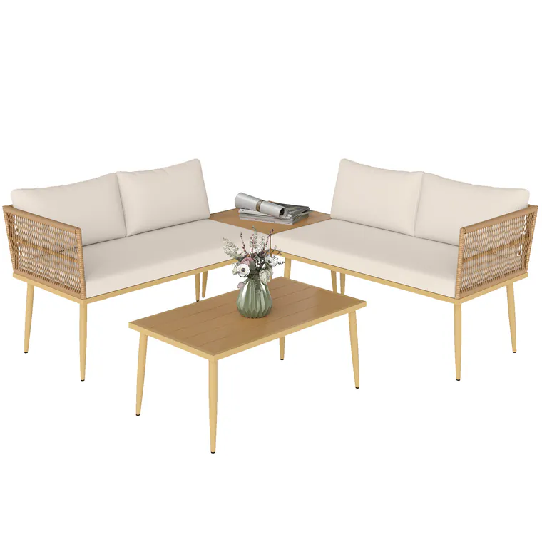 Outsunny Set Mobilier de Grădină din 4 Piese cu 2 Canapele și 2 Măsuțe de Cafea, 116x65x70 cm, Alb Crem | Aosom Romania