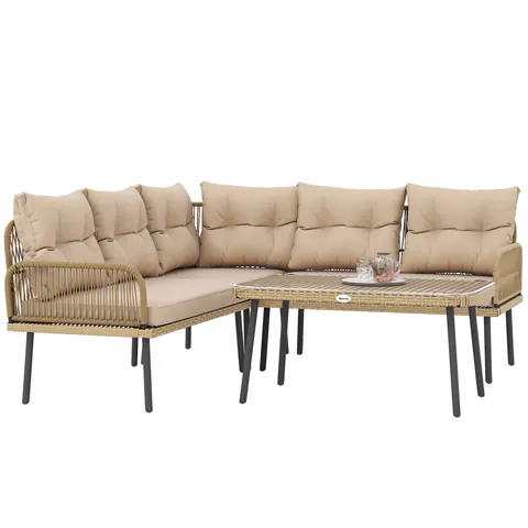 Outsunny Set de Mobilier de Grădină din 4 Piese cu 2 Canapele, Fotoliu de Colț și Măsuță de Cafea, 100x68x74 cm, Bej | Aosom Romania
