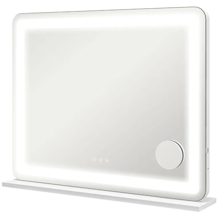 HOMCOM Oglindă de Machiaj cu Lumini LED în 3 Culori, Oglindă de Perete și Masă cu USB, 80x62x14 cm, Alb | Aosom Romania