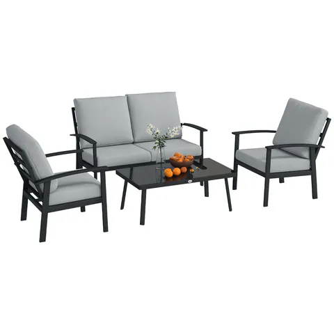 Outsunny Set de Mobilier de Grădină din 4 Piese, cu Canapea, 2 Fotolii și Măsuță de Cafea, 127x74x80 cm, Gri Cărbune | Aosom Romania