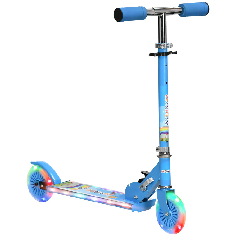 HOMCOM Scuter Pliabil pentru Copii, Scuter cu 2 Roți, Înălțime Reglabilă, Lumini LED și Muzică, 67x32x78 cm, Albastru | Aosom Romania