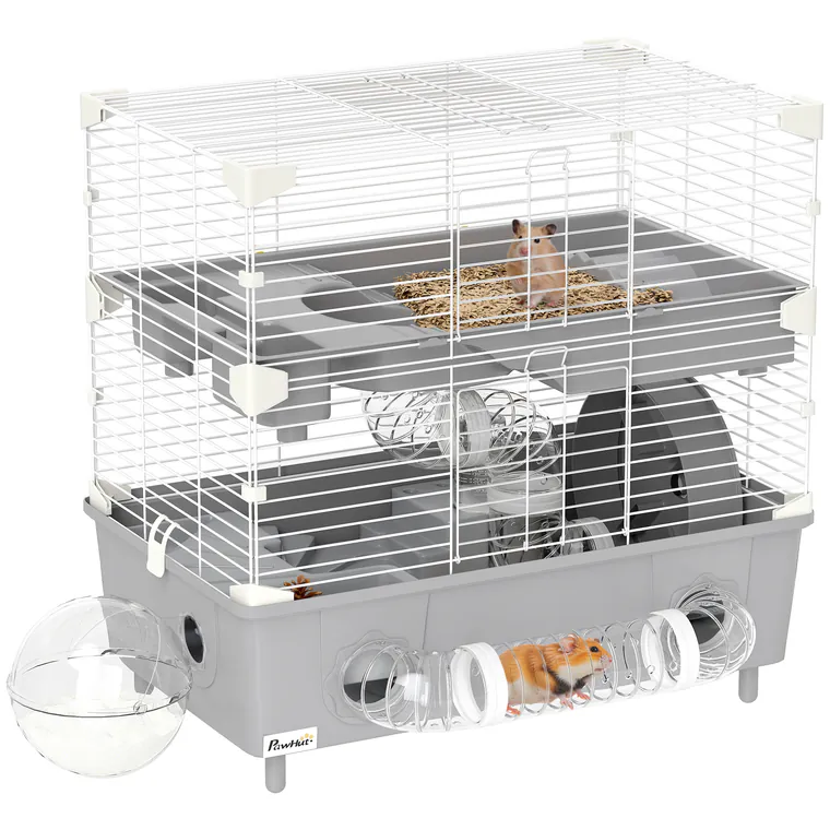 PawHut Cușcă Hamster 2Niveluri Bazin Nisip 44,5x28x44cm Gri | Aosom Romania