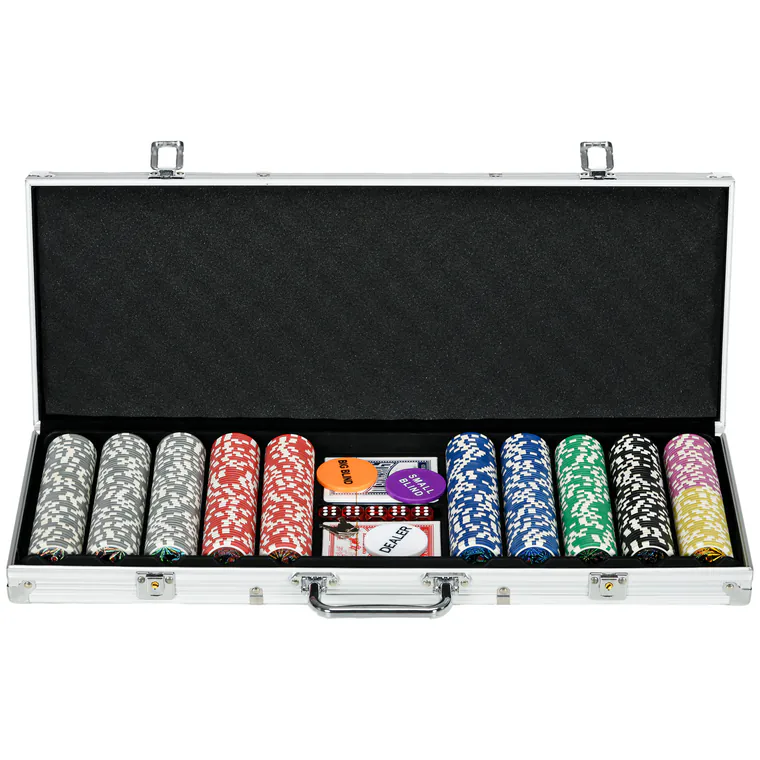 SPORTNOW Set Poker 500 Jetoane Numerotate, Carcasă Aluminiu, 2 Pachete Cărți de Joc, 5 Zaruri | Aosom Romania