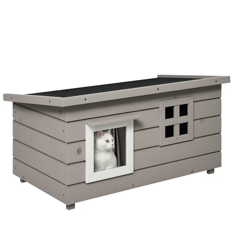 Casa din lemn pentru pisici Pawhut, Canisa de adapost ridicata pentru pisici, Casuta de joaca pentru animale de companie, cu acoperis de asfalt, Cortina din PVC, Fereastra, 87 x 52 x 48 cm, Gri | Aosom Romania