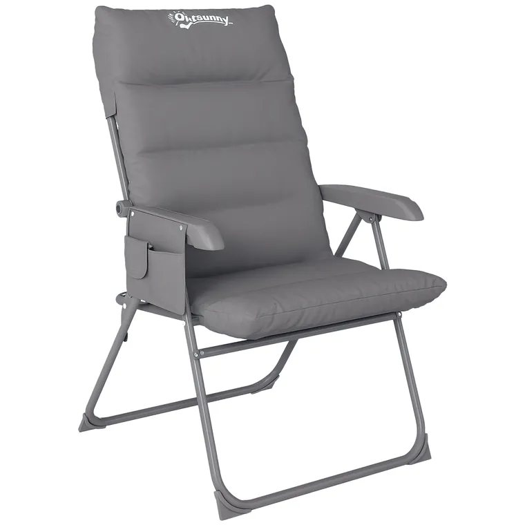 Outsunny Scaun de Camping Pliabil cu Spătar Înalt Reglabil în 5 Poziții și Buzunare Laterale, 66x58x105 cm, Gri Deschis | Aosom Romania