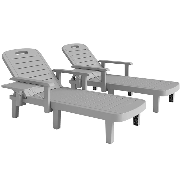 Outsunny Set 2 Șezlonguri cu Spătar Reglabil în 5 Poziții, Măsuță și Brațe Ergonomice, 79x158x88 cm, Gri | Aosom Romania