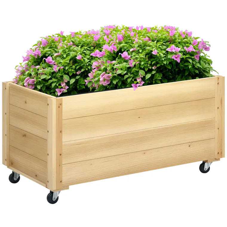 Outsunny Jardinieră de Gradină cu Orificiu de Drenaj și Căptușeală, Jardinieră din Lemn de Brad cu Roți, 89x48x47 cm, Lemn Natural | Aosom Romania
