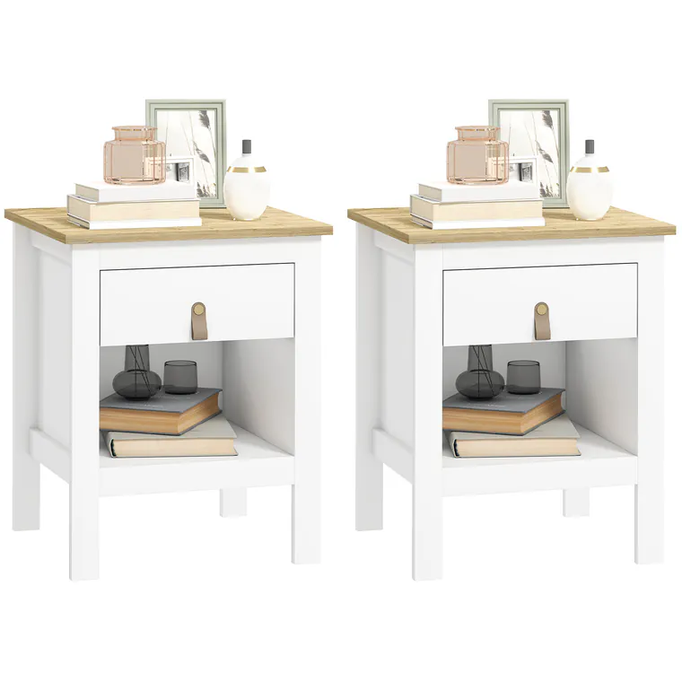 HOMCOM Set 2 Noptiere cu Sertar și Raft Deschis din Lemn Alb și Stejar | Aosom Romania