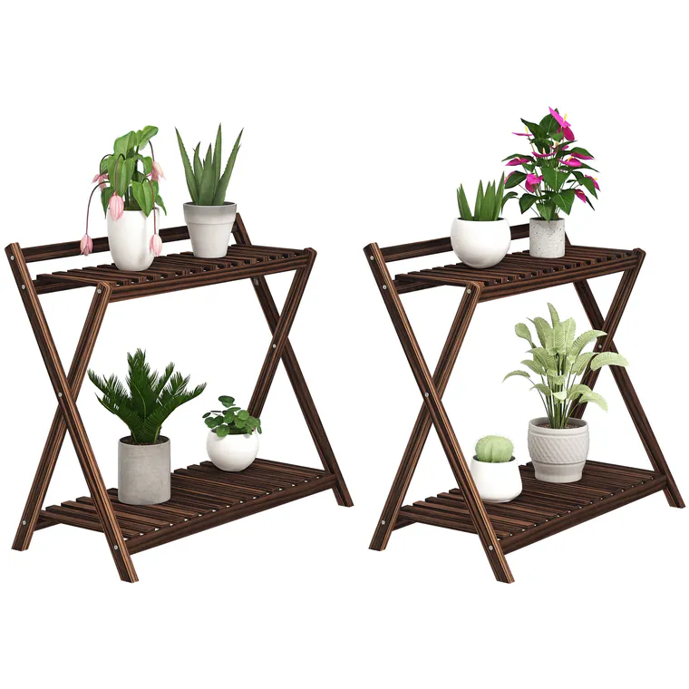 Outsunny Set de 2 Suporturi pentru Plante cu 2 Niveluri, 73x36x64 cm, Maro | Aosom Romania
