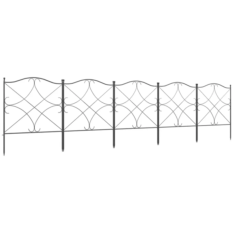 Outsunny Set Gard de Grădină cu 5 Panouri și Stâlpi, Gard Decorativ din Metal, 305x62 cm, Negru | Aosom Romania