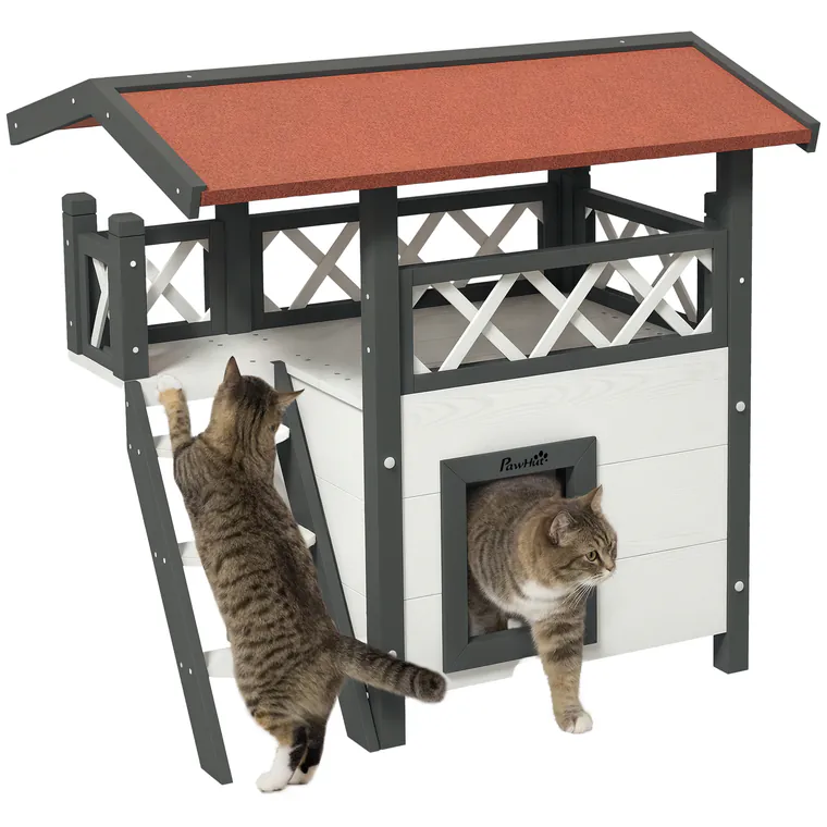 PawHut Căsuță pentru Pisici de Exterior cu Terasa și Scară, Adăpost pentru Pisici și Animale Mici din Lemn, 77x50x73 cm, Alb