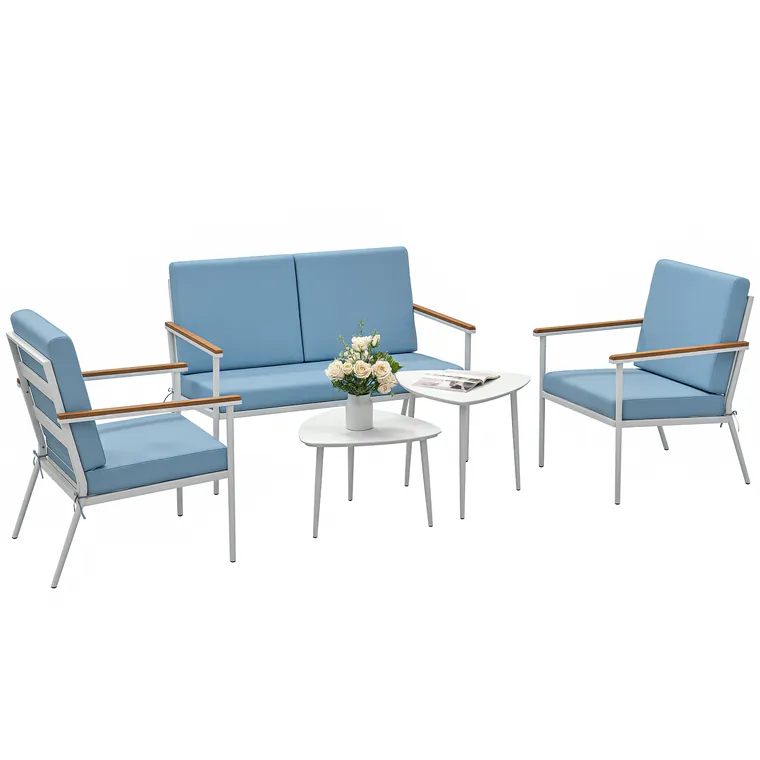 Outsunny Set de Mobilier de Grădină din 5 Piese cu Canapea, 2 Fotoli și 2 Măsuțe de Cafea, 118x72x80 cm, Albastru Deschis | Aosom Romania