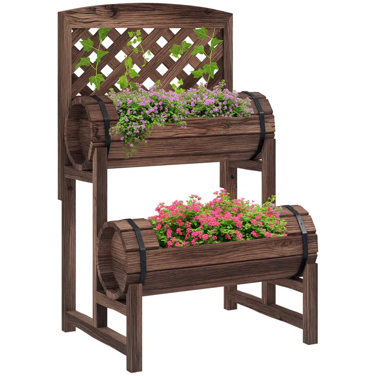 Outsunny Strat de Gradină Înălțat cu Grilaj pe 2 Nivele, Jardinieră din Lemn cu Picioare și Orificii de Scurgere | Aosom Romania