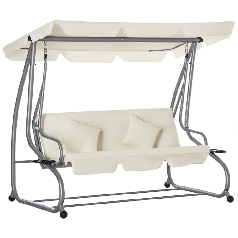 Outsunny Balansoar de Grădină Convertibil în Pat, Balansoar pentru 3 Persoane cu Acoperiș Reglabil și 2 Suporturi pentru Pahare, 200x120x164 cm, Crem