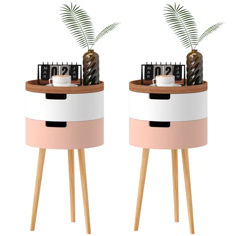 HOMCOM Set de 2 Mese Totunde de Cafea cu 3 Niveluri, 2 Spații de Depozitare și Tavă Detașabilă, Φ35x65,5 cm, Multicolor | Aosom Romania