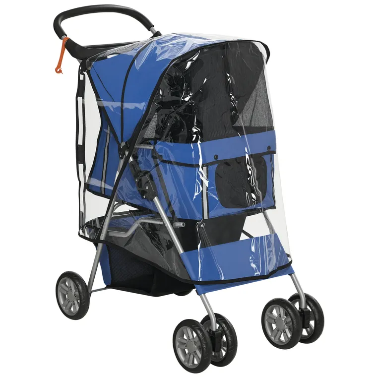 PawHut Cărucior Pliabil pentru Câini până la 10 kg cu Copertină de Ploaie, 75x45x97 cm, Albastru | Aosom Romania