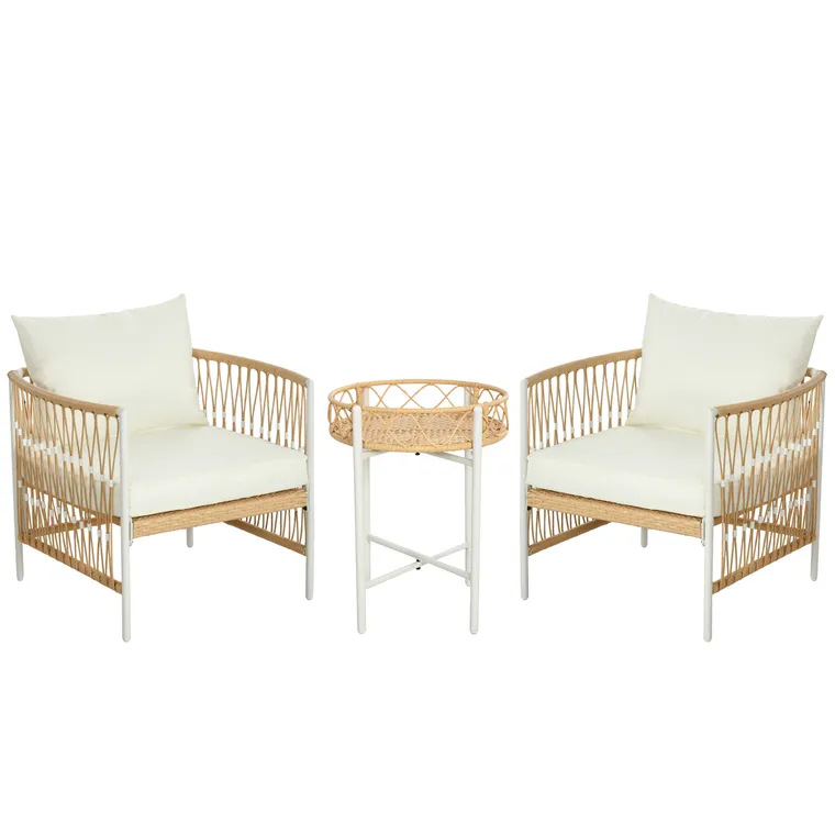 Outsunny Mobilier din 3 Piese pentru Terasă, Set din 2 Canapele și o Măsuță de Cafea pentru Exterior din Ratan, 72x66x64 cm, Crem | Aosom Romania