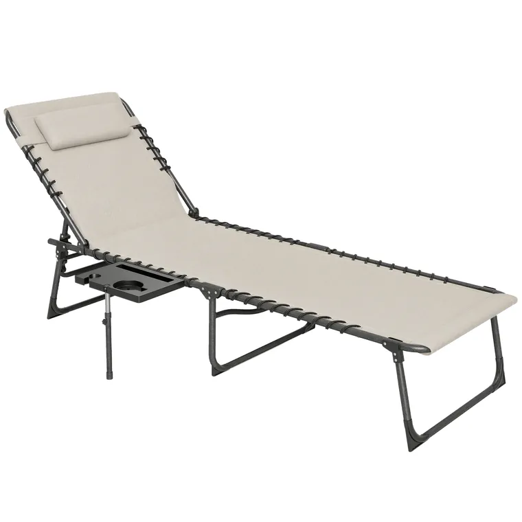 Outsunny Șezlong de Grădină Pliabil și Reglabil în 5 Poziții cu Măsuță Laterală, 60x190x31 cm, Alb Crem | Aosom Romania