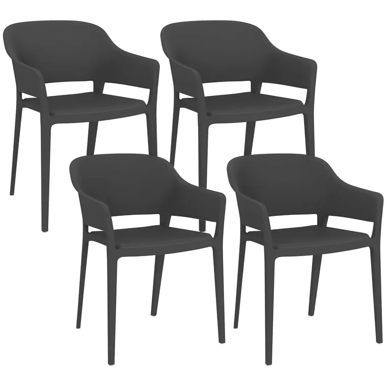 Outsunny Set de 4 Scaune de Grădină Negre, Stivuibile, cu Sp��tar Înalt și Cotieră, din PP, Stil Modern pentru Exterior | Aosom Romania