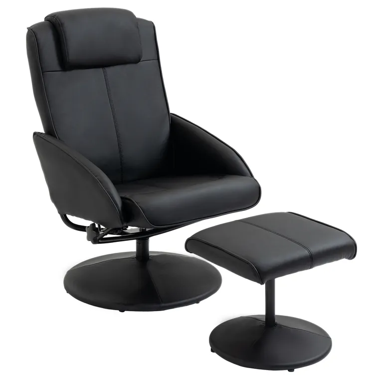 HOMCOM Fotoliu reclinabil de relaxare cu otoman pentru picioare si tapiterie din piele artificiala, 71x78x101cm, negru | Aosom Romania