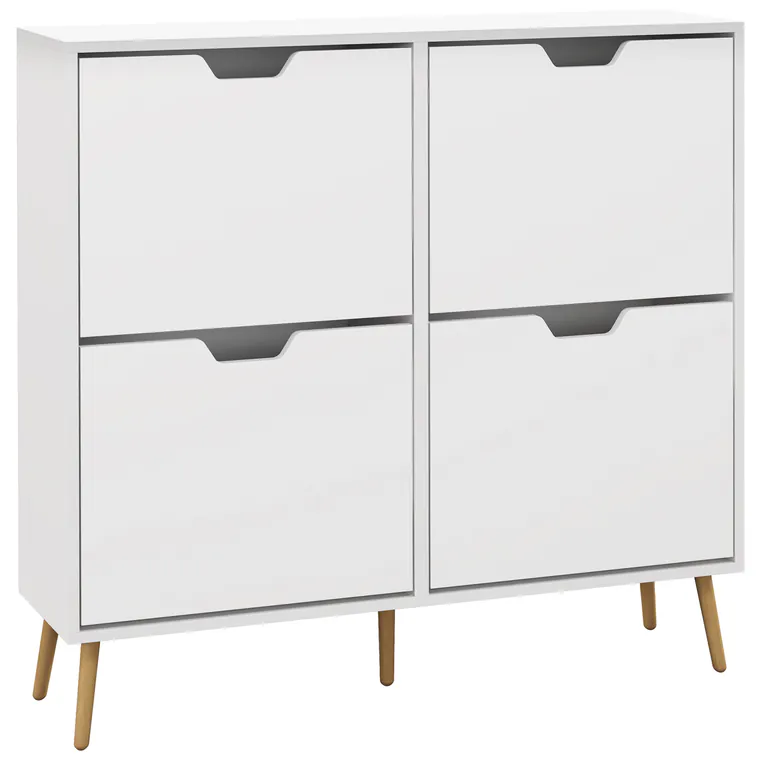 HOMCOM, Dulap pantofi, 4 clapete, 16 perechi, cu raft reglabil, picioare din lemn de pin, 95 x 26 x 95 cm, alb | Aosom Romania