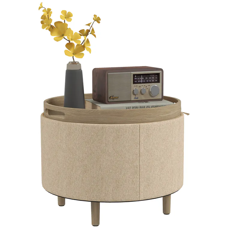 HOMCOM Pouf rotund taburet de odihnă cu depozitare, capac reversibil, mobilier 3 în 1 picior din lemn bej | Aosom Romania