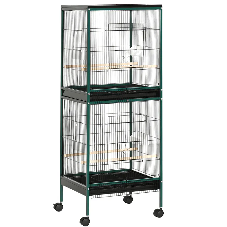 PawHut Colivie cu Două Nivele pentru Păsări, cu 4 Uși și Roți, 2 Tăvi Glisante pentru Întreținere Ușoară, 51,5L x 50l x 140H cm | Aosom Romania