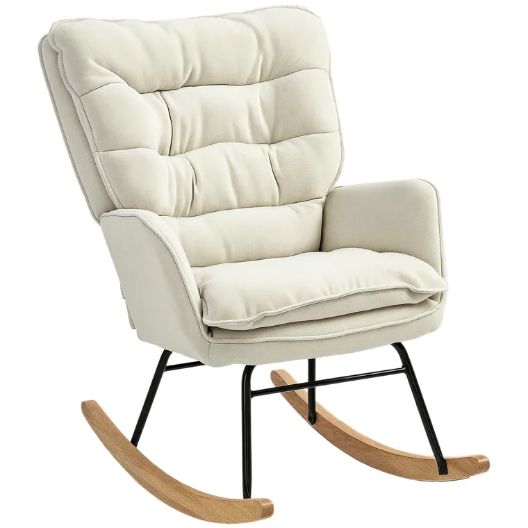 HOMCOM Fotoliu de leagăn, șezut larg, spătar înalt, cadru din lemn, pentru greutăți de până la 120 kg, Bej | Aosom Romania