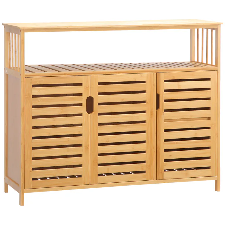 HOMCOM Bufet mobilier de depozitare 3 uși deschise și rafturi din bambus 100 x 35 x 82 cm natural | Aosom Romania