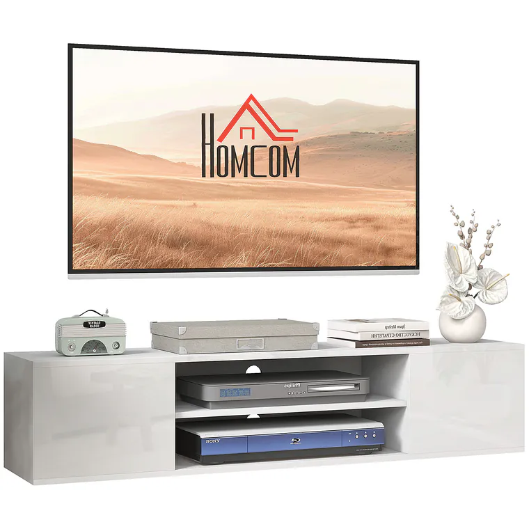 HOMCOM Dulap TV suspendat pe perete, stil contemporan, 2 dulapuri, 2 rafturi centrale, 2 orificii pentru cabluri, 140x30x30 cm, alb | Aosom Romania