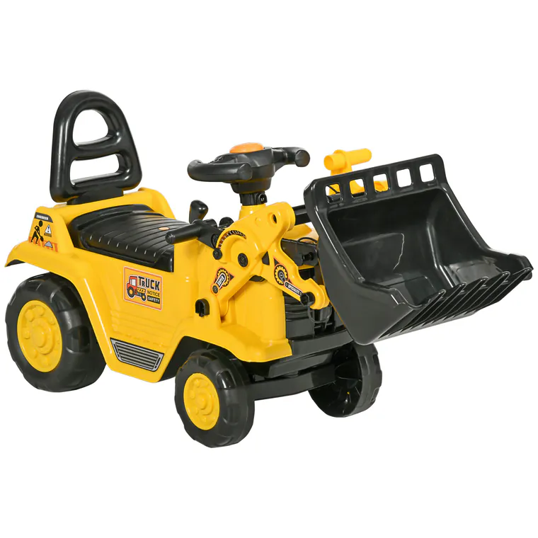 HOMCOM Excavator pentru Copii cu Cupă, Spătar și Spațiu de Depozitare Ascuns, Buldozer de Jucărie în PP și ABS, 80x26.5x39 cm, Galben și Negru | Aosom Romania