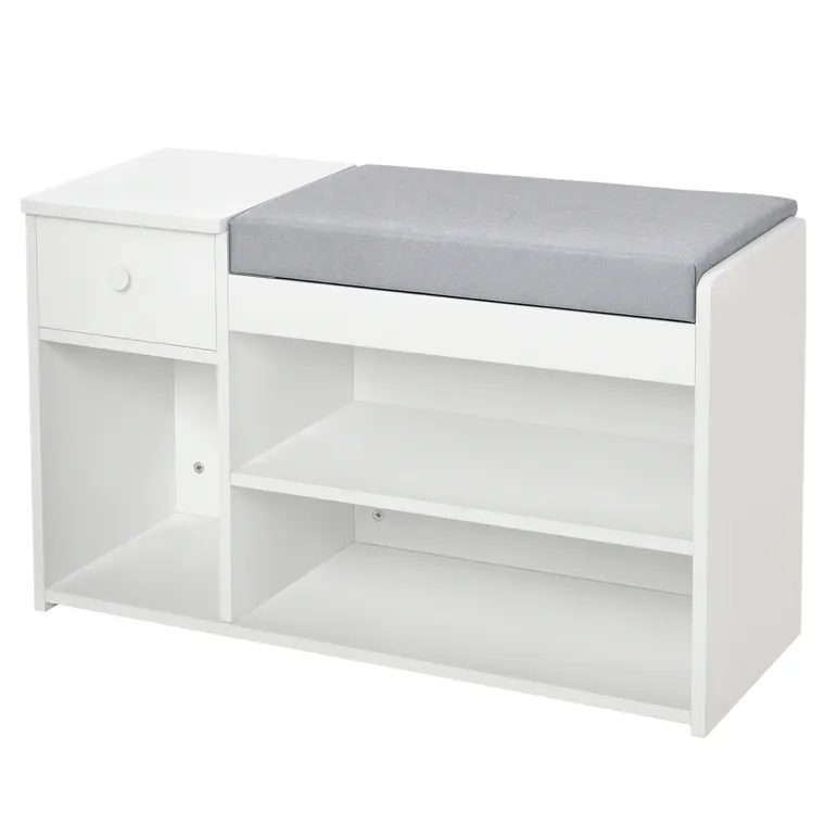 Banca pantofar cu perna, sertar si 3 compartimente deschise, mobilier din lemn pentru hol 81x31.5x49cm, alb | Aosom Romania