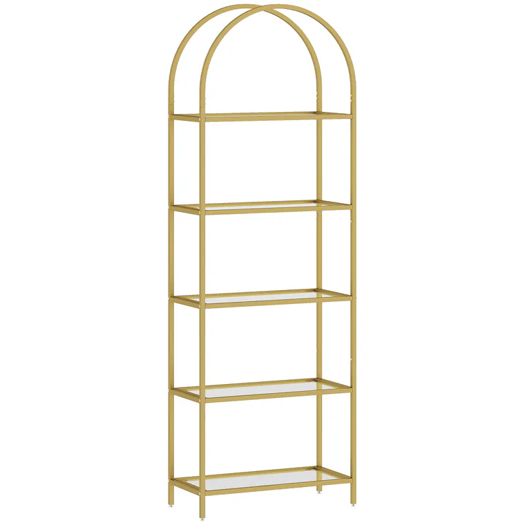 HOMCOM Raft de Depozitare Arcuit cu 5 Nivele din Oțel și Sticlă Securizată, 60x30x175 cm, Auriu | Aosom Romania