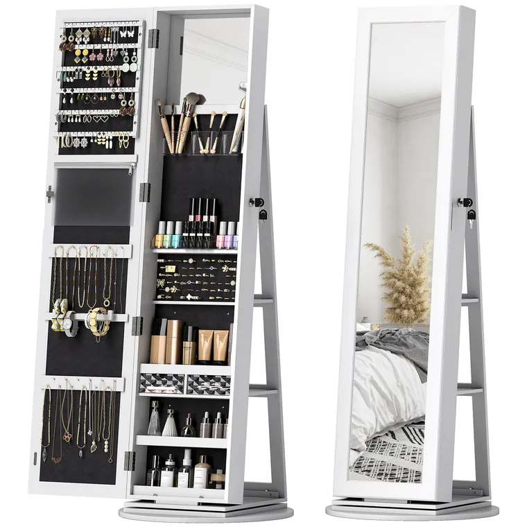 HOMCOM Oglindă 3 în 1 cu Suport Bijuterii, Rotativă, Rafturi și Ușă cu Cheie, Albă | Aosom Romania