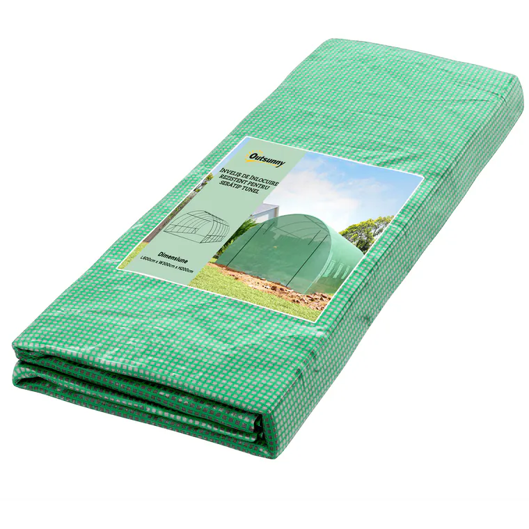 Prelată de seră Outsunny din PE cu 12 ferestre, ușă rulantă și margini îngropate, 6x3x2 m, de culoare verde | Aosom Romania