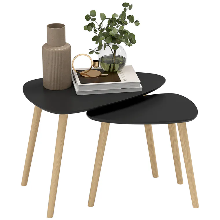 HOMCOM Set de 2 mese de cafea nestemate design scandinav picioare din lemn si blat din lemn, negru | Aosom Romania