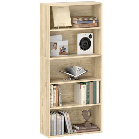 HOMCOM Bibliotecă raft de depozitare 5 nivele cu rafturi reglabile pentru living, dormitor, birou, 60x24x133,5 cm, natural | Aosom Romania