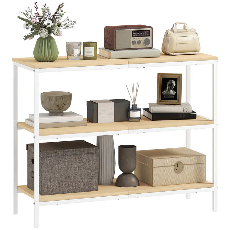 HOMCOM Consola de Hol cu 3 Rafturi Deschise și Picioruși de Metal pentru Hol Intrare Sufragerie Dormitor Lemn Natural și Alb | Aosom Romania