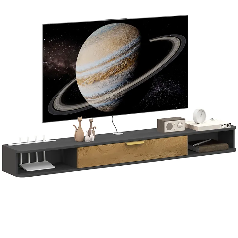 HOMCOM Suport TV suspendat cu compartimente deschise, usa rabatabila si treceri pentru cabluri, 160 x 24 x 16 cm, gri | Aosom Romania