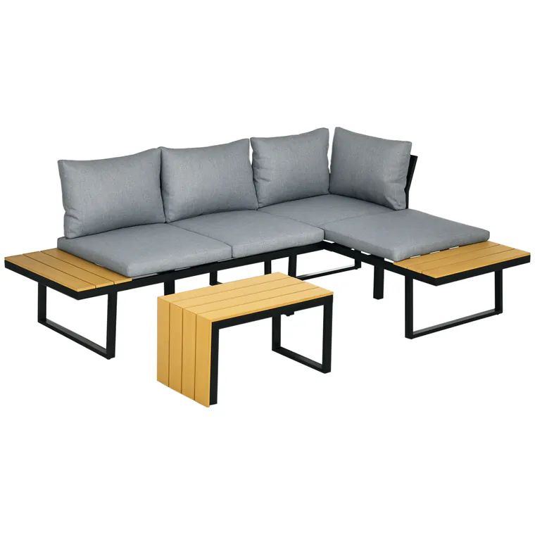 Outsunny Set de Mobilier de Grădină pentru 3 Persoane cu Perne de Ședere, Cadru din Aluminiu, Aspect de Lemn, Gri închis+Natur | Aosom Romania