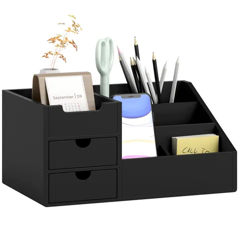 HOMCOM Cutie de Depozitare de Birou - Organizator de Birou - 7 Compartimente, 2 sertare - Bambus Lacuit Negru | Aosom Romania