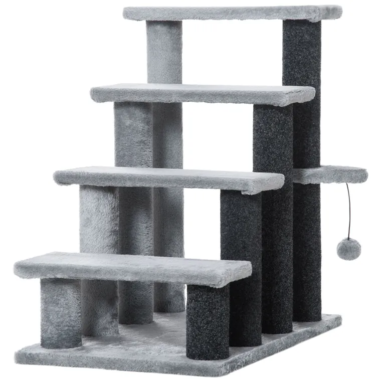 PawHut Scara pentru pisici cu 4 trepte Haustiertreppe cu coloane pentru zgâriere Minge Scara pentru câini Scara pentru animalele de companie pentru pisici de până la 5 kg Pluș Iută Gri 60 x 40 x 64 cm | Aosom Romania